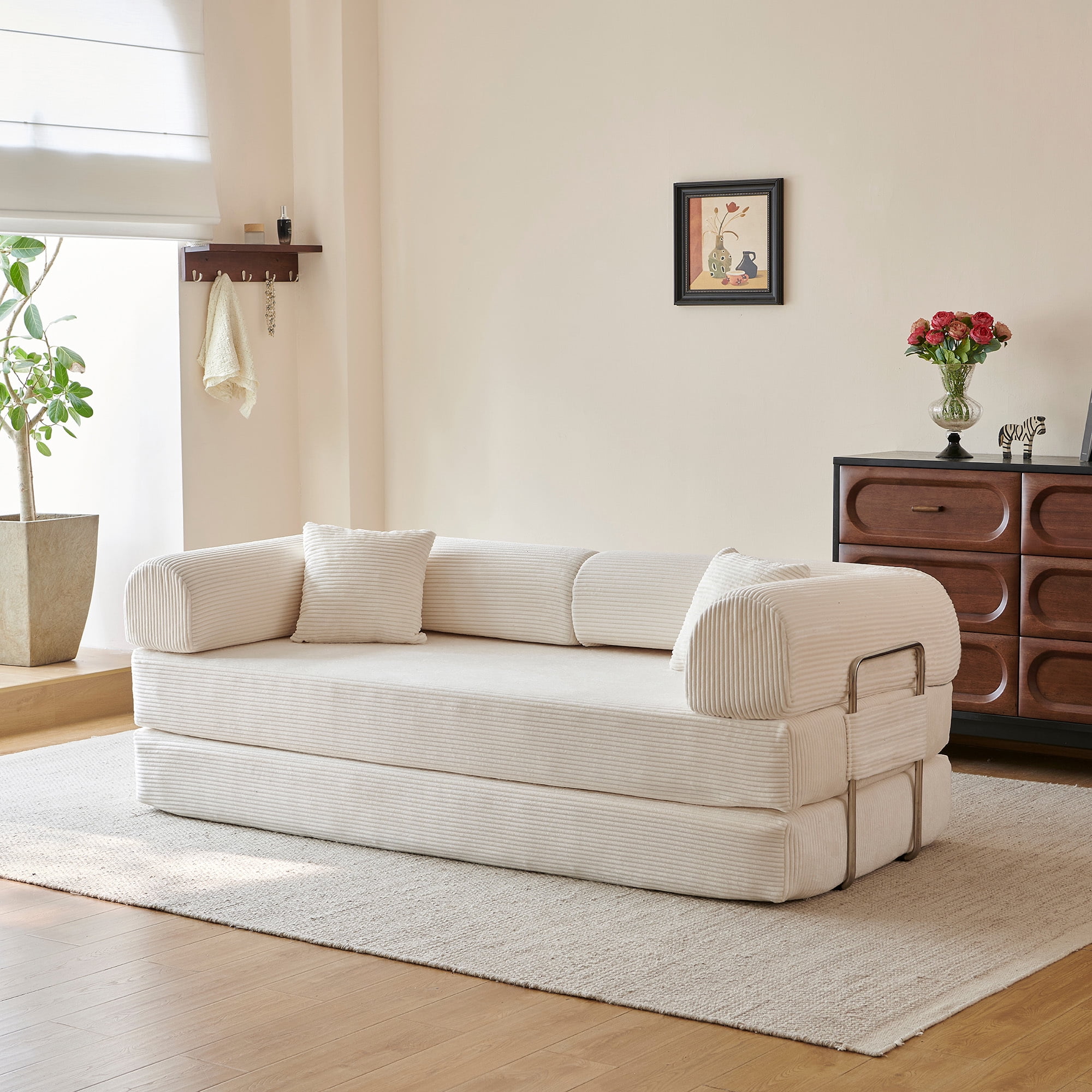 Leumius 78.8" Convertible Sofa Bed with Pillow Back Support Armrest,Comfy Corduroy Fabric Boneless Modular Sectional Sofa,Futon Couch Sleeper Bed for Living Room,Bedroom,White