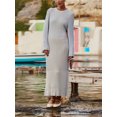 thumbnail image 1 of Robe Tricotée à Manches Longues Contrastantes pour Femmes, Élégante, Bleue, Col Rond, Ajourée, Coupe Ajustée, Mi-Longue, 2024, Robe de Rue Aguichant pour Femme, 1 of 6