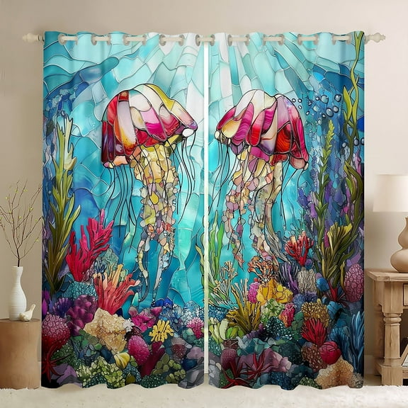 Erosebridal Marine Jellyfish Curtains for Living Room,Underwater World 30%-50% Blackout Curtains Set of 2 (38x45),Peincess Bedroom Decor