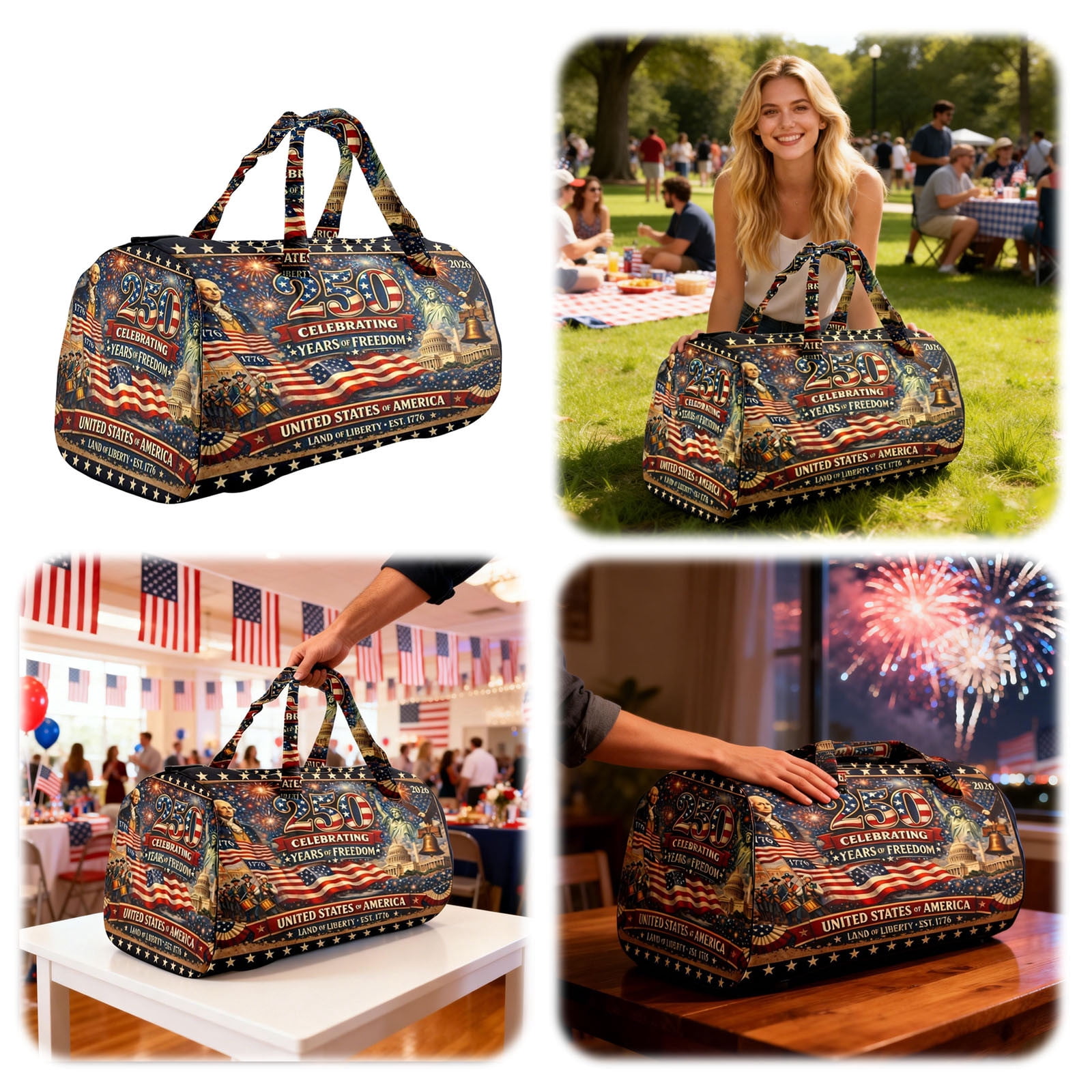 9"x9"x18" America 250th Anniversary âYears OF Freedomâ Heritage Handmade Hippie Van Quilted Duffle Bag, Declaration Of Independence Printed Hippie Van Quilted Duffle Bag, Boho Travel Bag
