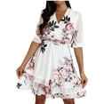 thumbnail image 1 of Robe Midi Imprimée Florale pour Femmes à Volants Superposés Col en V Manches Mi-Longues Coupe Ample Robe de Plage Robe d'Été, 1 of 8