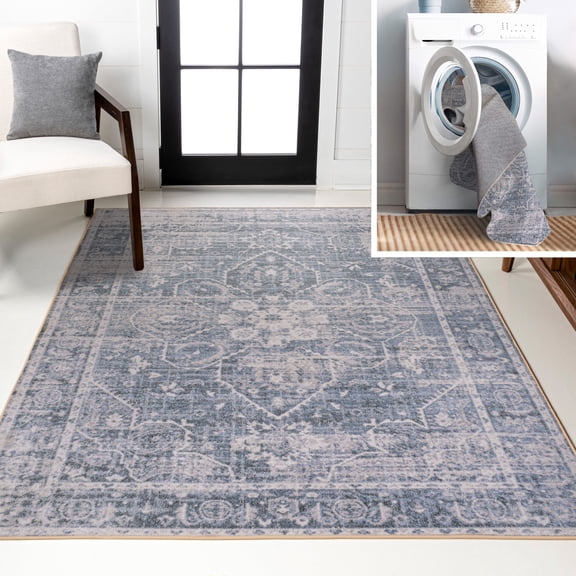 JONATHAN Y WASHABLE 3 x 5 Area Rug, Shaii Global Medallion - Blue/Light Gray, WSH319A-3