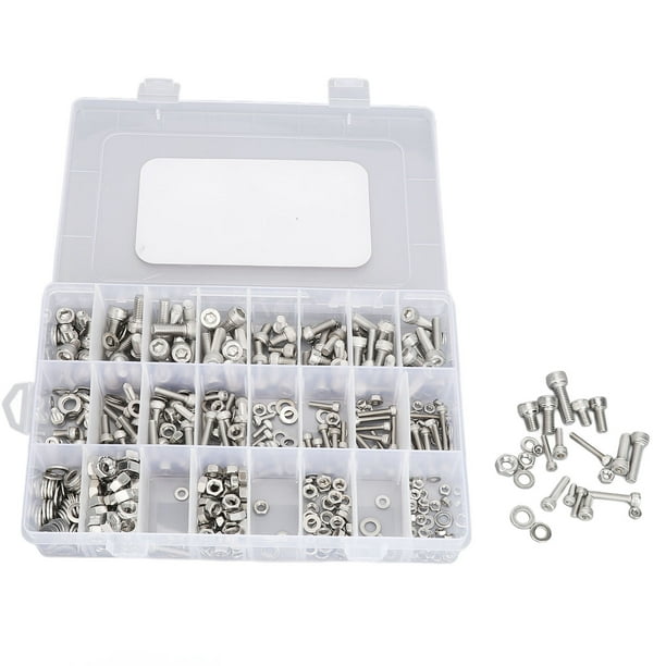 Kit surtido de 520 tornillos y tuercas de acero inoxidable con cabeza hexagonal y arandelas planas, métricos M3, M4, M5 y M6.