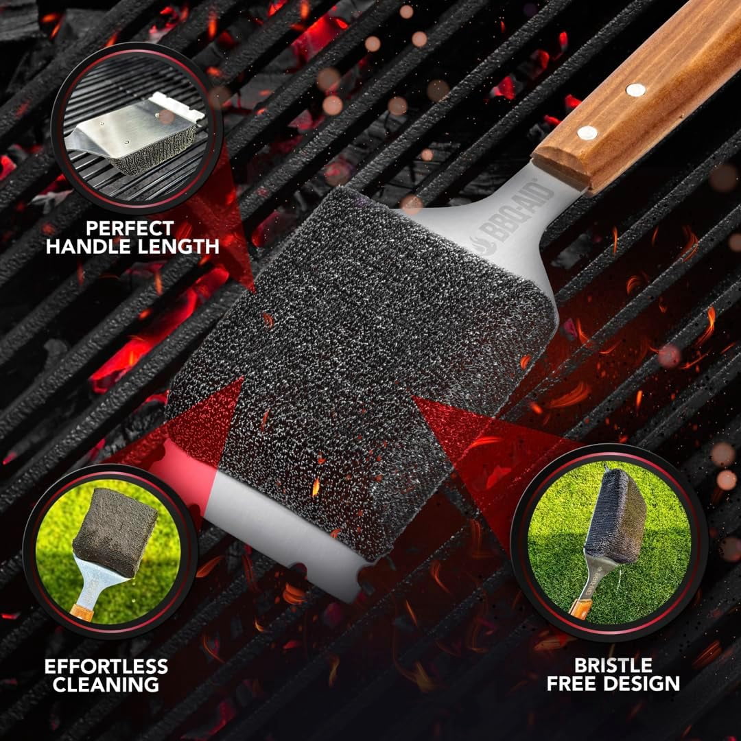 For Barbecue – Extended Large Wooden Handle with Replaceable Head, No Scratch BBQ Cleaning Accessories for Outdoor Grills – Bristle Free Grill Brush and Scraper