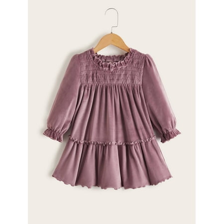 

Toddler Girls Velvet Shirred Bust Frill Trim Babydoll Dress Mauve Purple Cute A040W