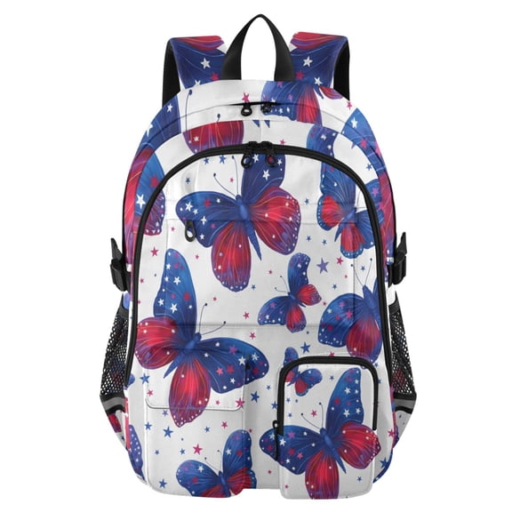DIXRUYEE Blue Red Butterflies Pattern Backpack for School 14”Laptop Compatible with Reflective Safety Strips
