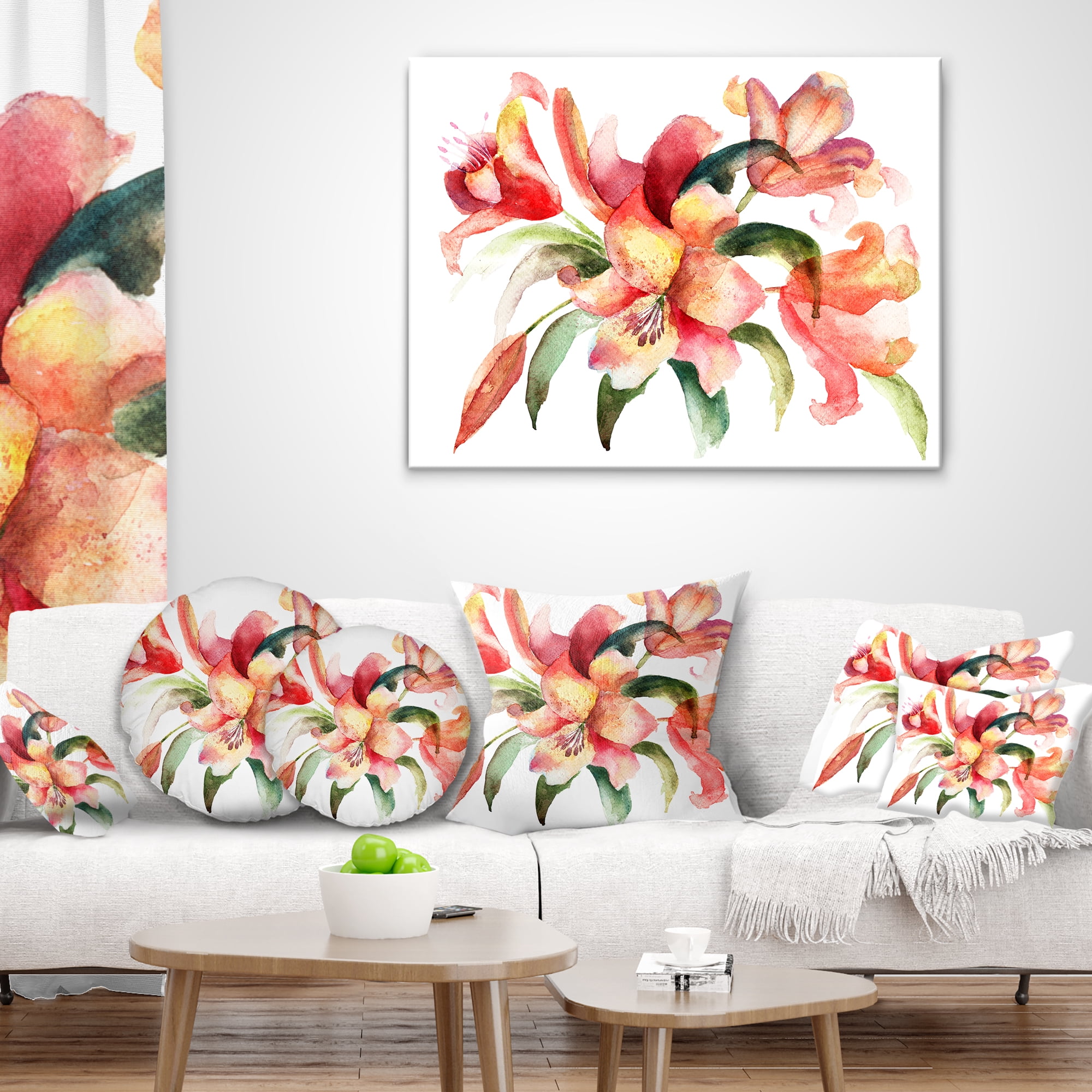 Designart Lily Flowers Watercolor Illustration - Floral Throw Pillow - 16x16