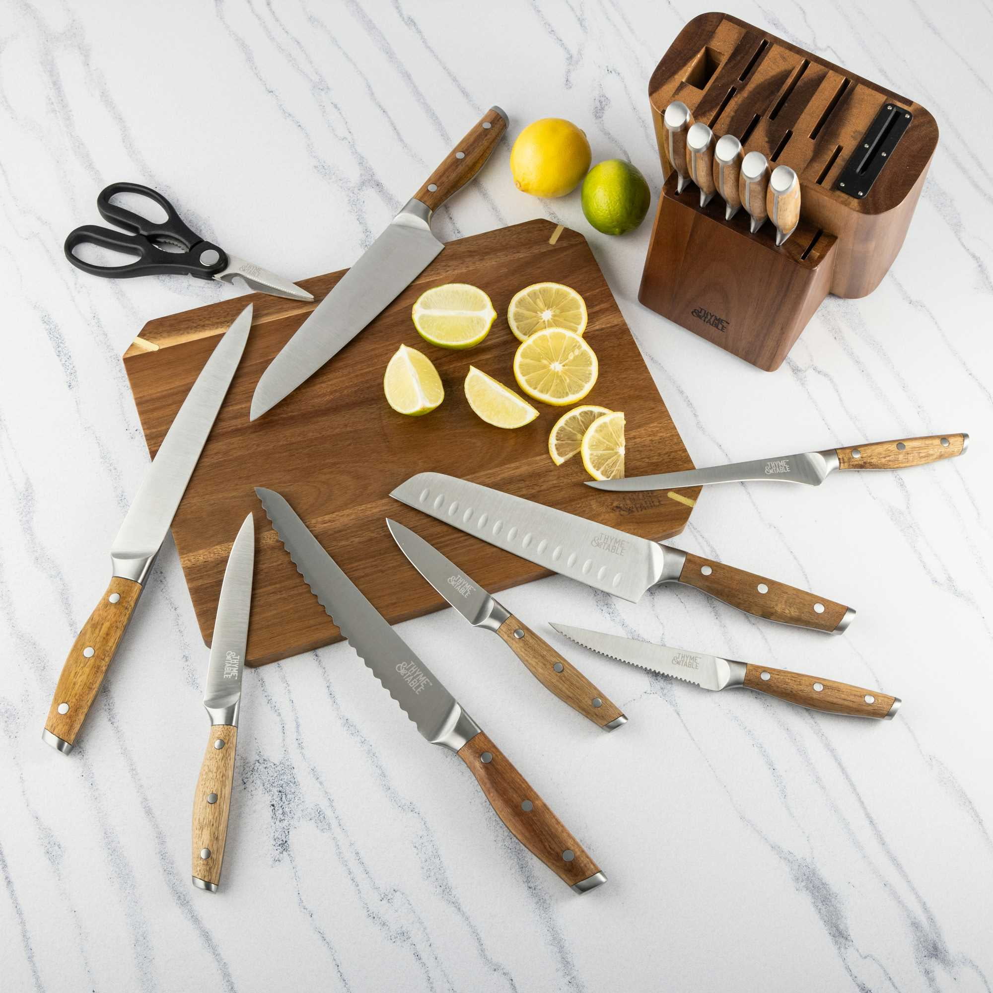 Thyme & Table 16-Piece Acacia Wood Knife Block Set with Knife Sharpener