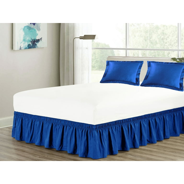 3 Piece Matching Ruffled Bed Skirt Standard Pillow Sham Pair Set Queen Elastic Wraparound Blue