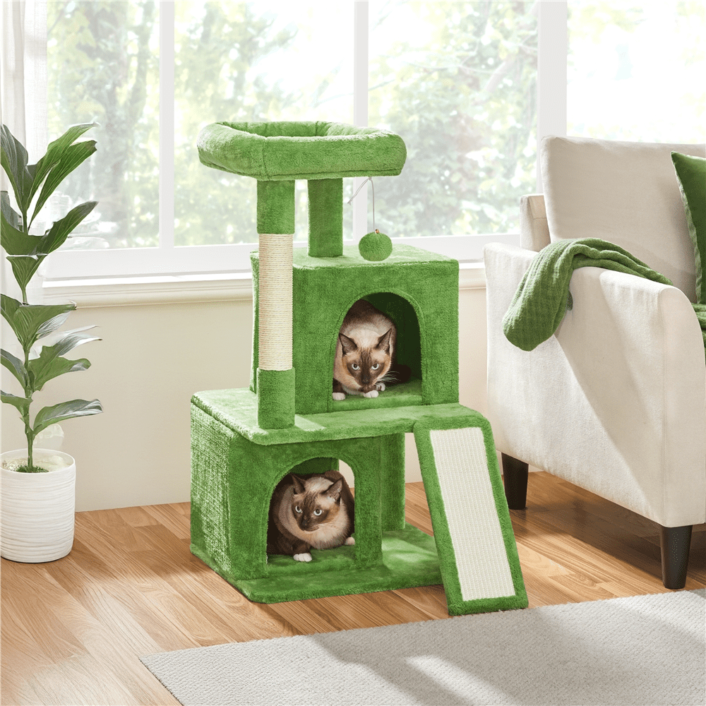 Alden Design 36" Tall Multilevel Cat Tree with Double Condos, Green