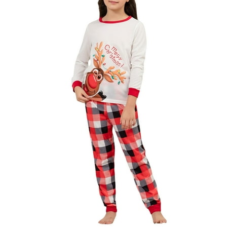 

Listenwind Family Matching Christmas Pajamas Cartoon Elk Letter Print Long-Sleeved Tops + Elastic Waist Plaid Pattern Trousers