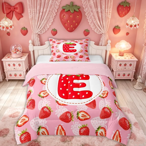 Feelyou Cartoon Fruit Alphabet E Twin Comforter Sets for Girls, Girly Pink Strawberry Monogram 02, Pink Reversible, 2-Piece, 1 Comforter and 1 Pillowcase