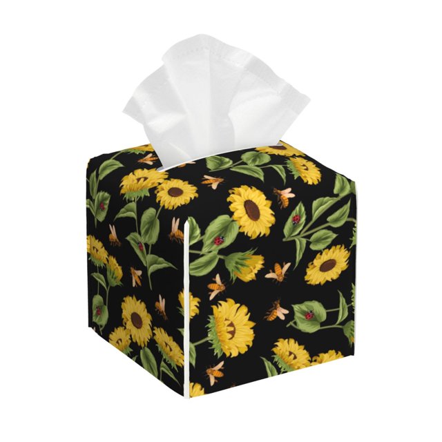 Fotbe Bees and Sunflowers Porta Pañuelos Decorativo de Cuero, Caja Cuadrada Moderna para Pañuelos Faciales, Organizador y Dispensador 5x5x5''