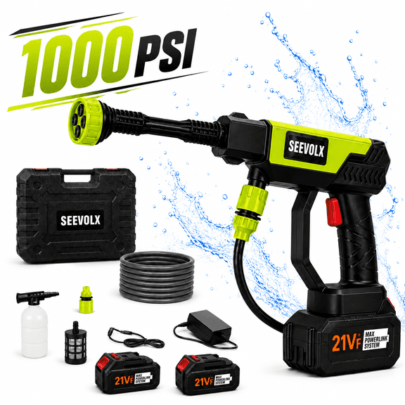 SEEVOLX 1000PSI Cordless Pressure Washer, 21V Handheld Portable Power Washer with 2 Batteries,6-in-1 Nozzle, 16FT Hose, for Car Washing, Garden