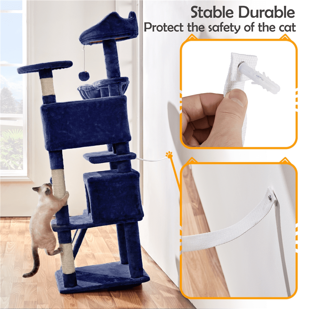 イーストリバーYOUNG POONG 54” Scratching Blue Cat Tree with and House,Natural