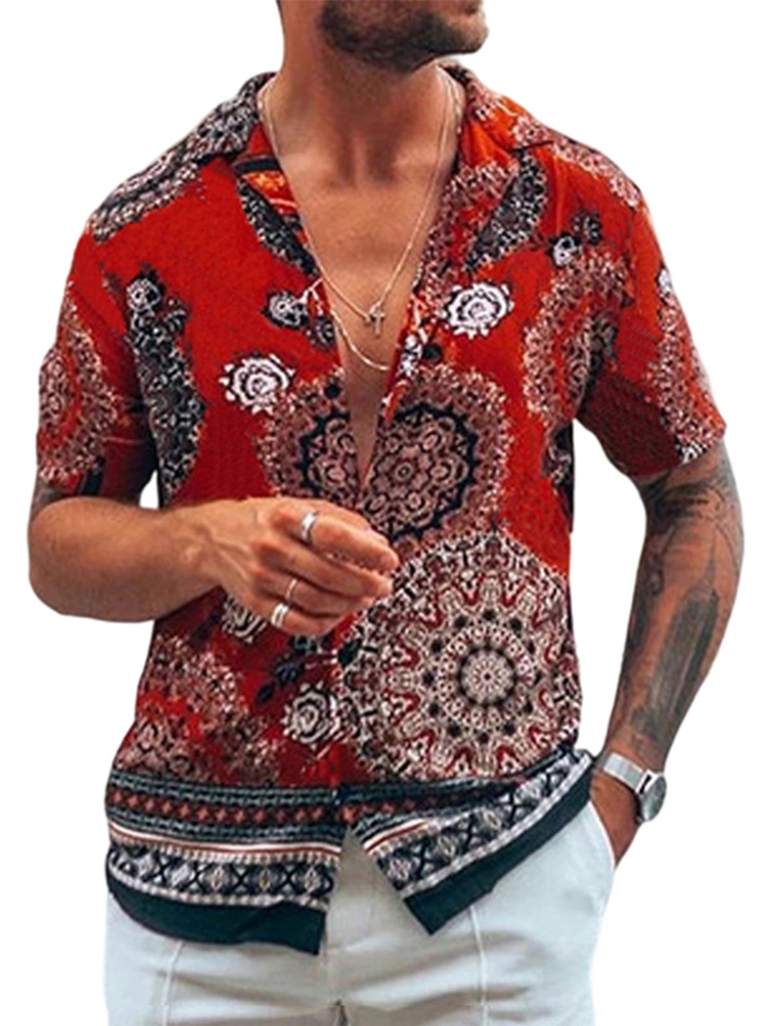 Men Hipster Floral Print Loose Fit Long Sleeve Casual Button Down Dress Shirt