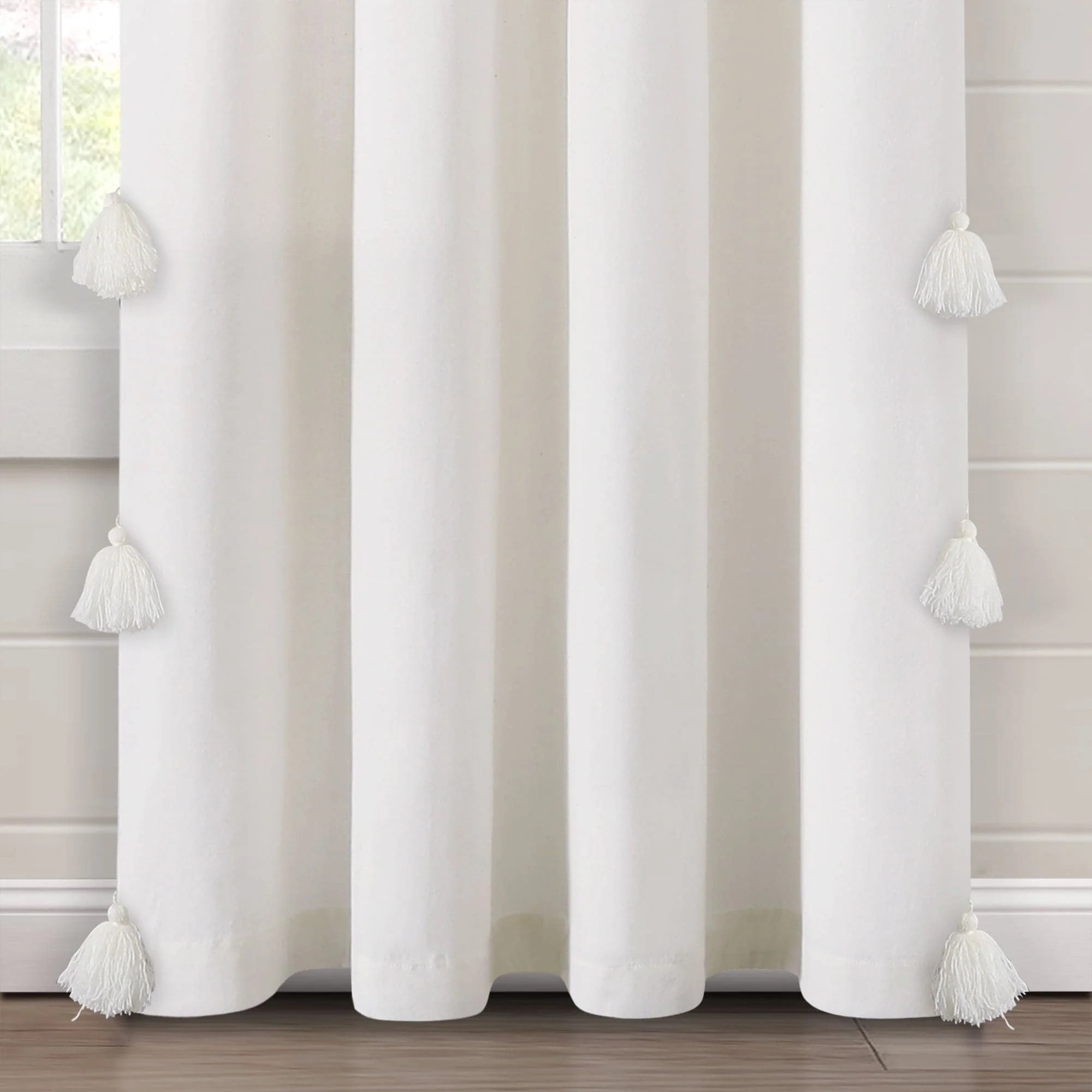 Lush Decor Boho Faux Linen Texture Tassel Single Window Curtain Panel - White/Gray - 84 x 52