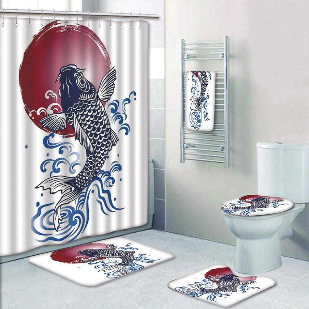 Erehome Ornate Japanese Brocaded Carp Fin With Red Circular Form Eastern Fresh 5 Piece Bathroom Set Shower Curtain Bath Towel Bath Rug Contour Mat And Toilet Lid Cover Walmart Canada