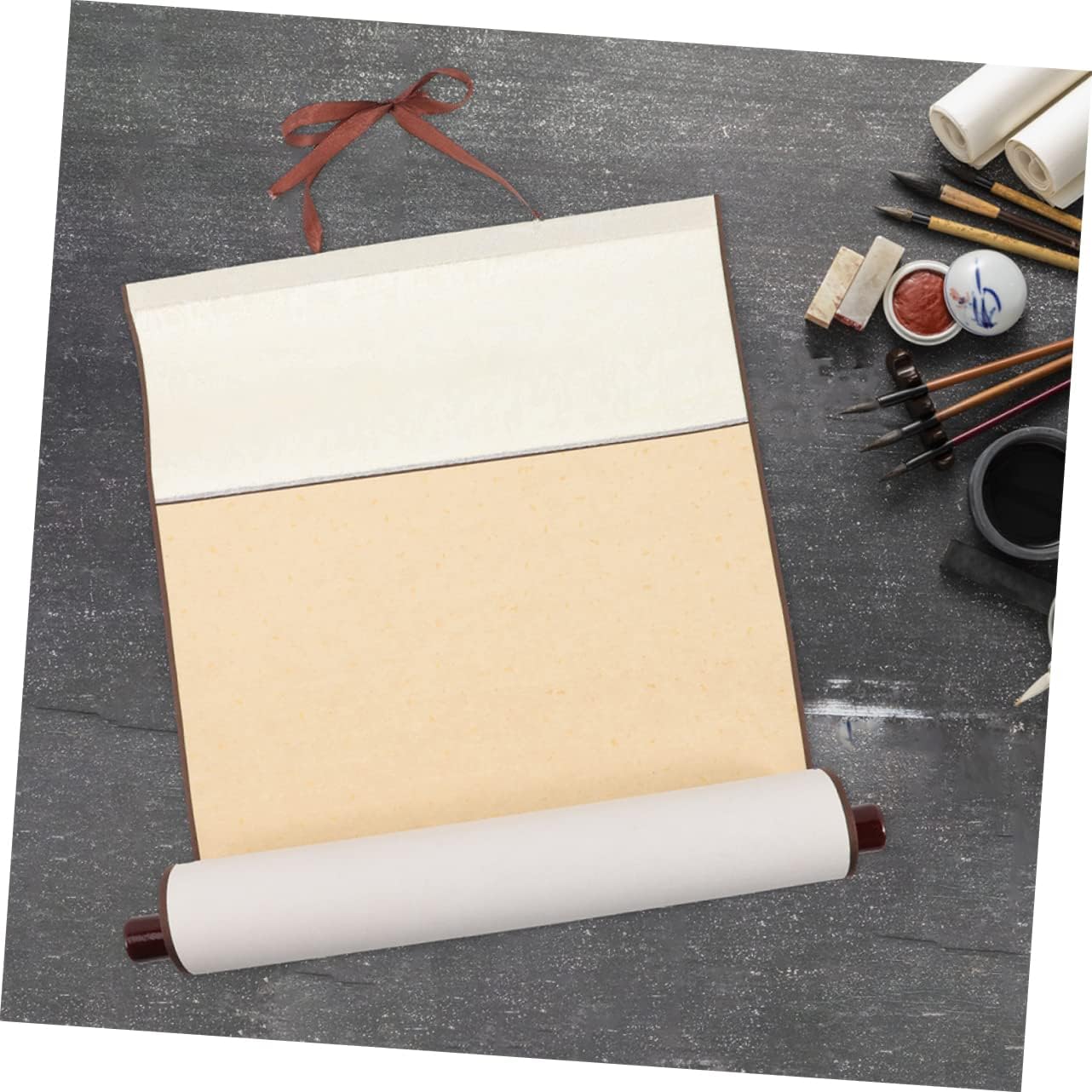ABCISI Calligraphy Scroll Paper with Wooden Rods, 3Pcs Blank Calligraphy Scroll Paper, Chinese Water Writing Thick Blank Painting Hanging Rolls, Light Yellow