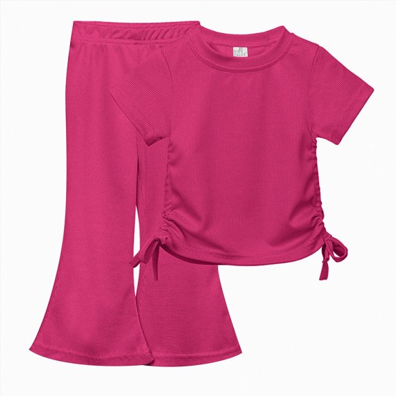Paguaki Girls 2 Outfits Short Sleeve Ruched Drawstring Crewneck Tops Flare Leg Pants Summer Clothing Sets