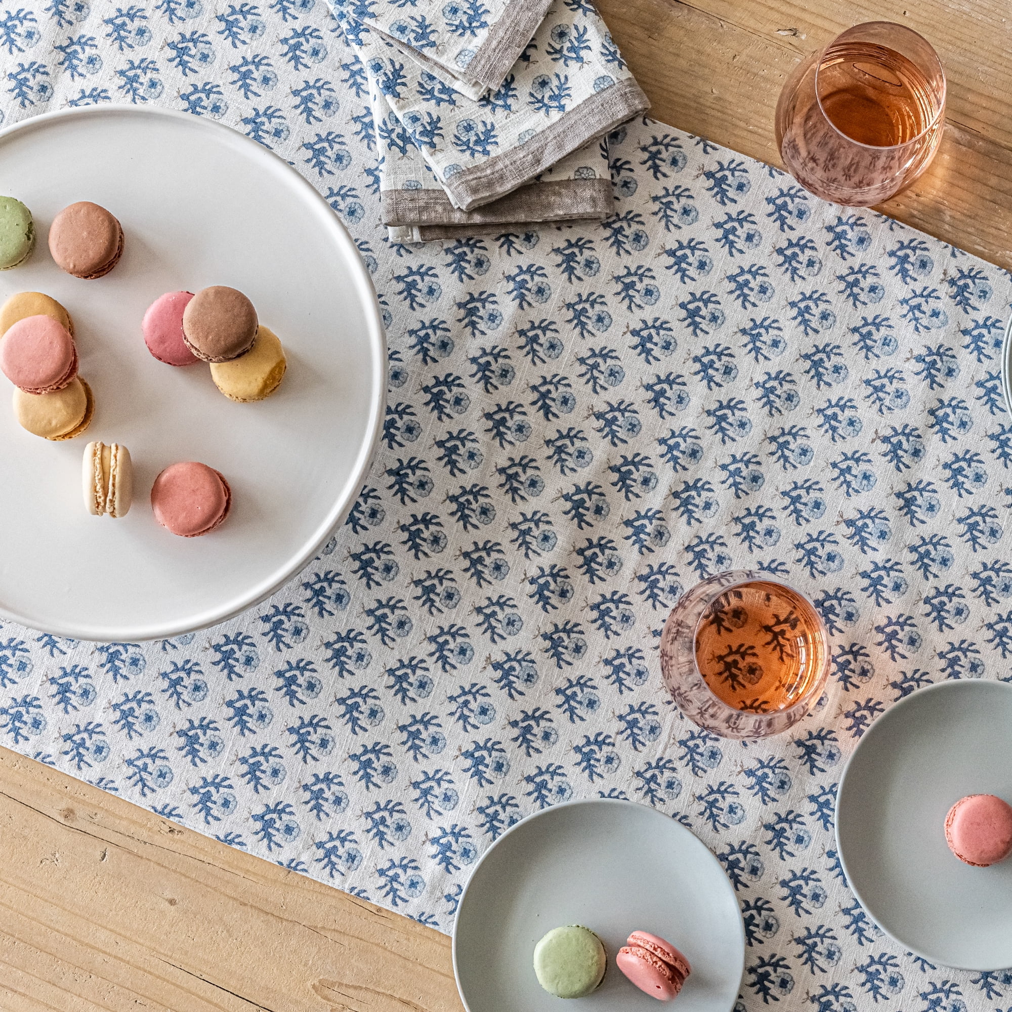 over&back 18x108 Hand-Blocked Printed Cotton Table Runner - Washable Table Runners for a Custom Home Decor Tablescape - Perfect for Coffee Table, Dinner Table, Living Room, and More - Blue Bloom
