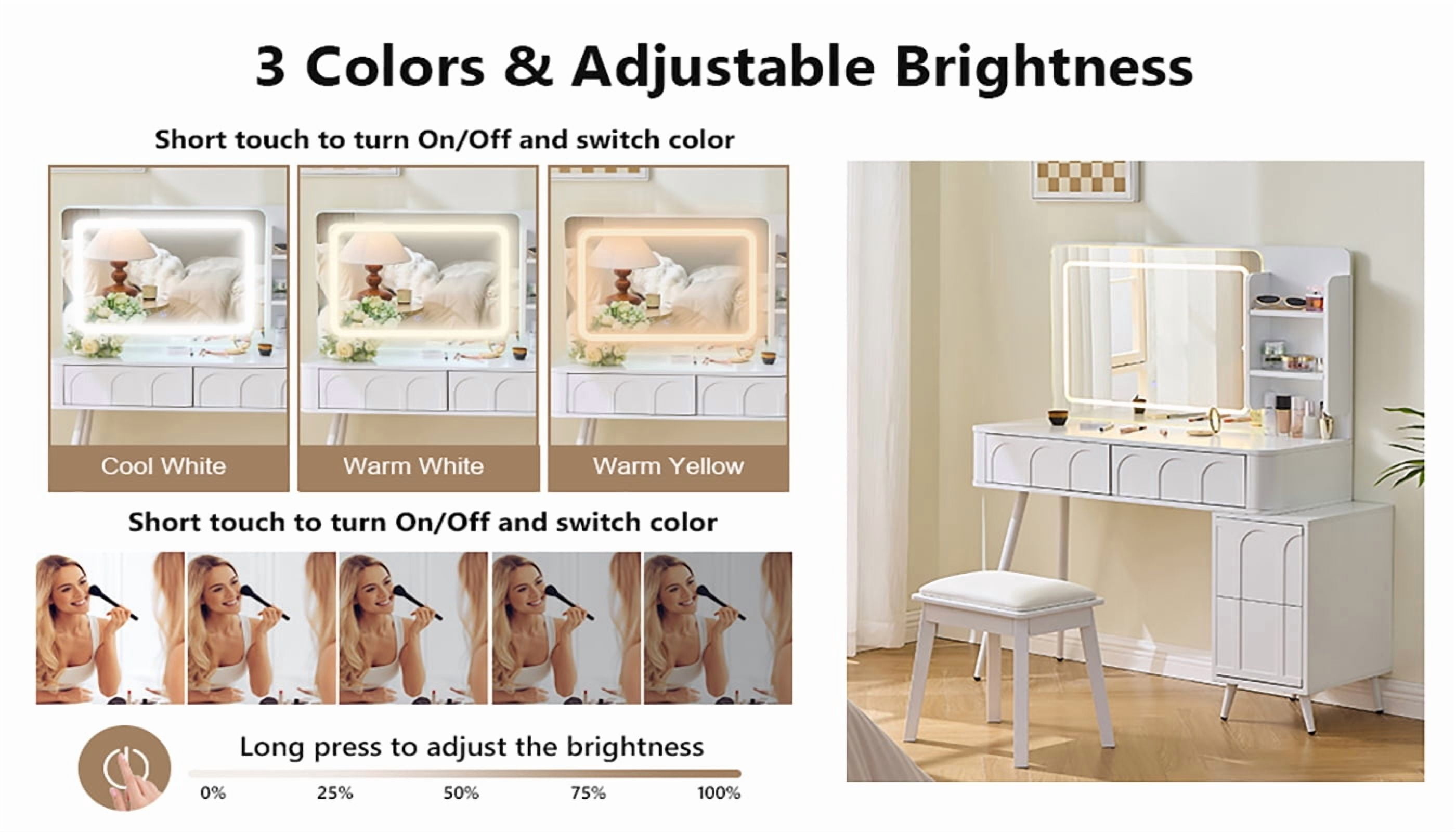 Makeup Vanity Desk LED Mirror 4 Drawers Dimmable Lights Stool White Space Saving