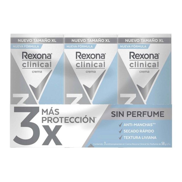 Rexona Clinical Antitranspirante en Crema Unisex Sin Fragancia, 3 x 58 g, Protección 96 horas, No mancha