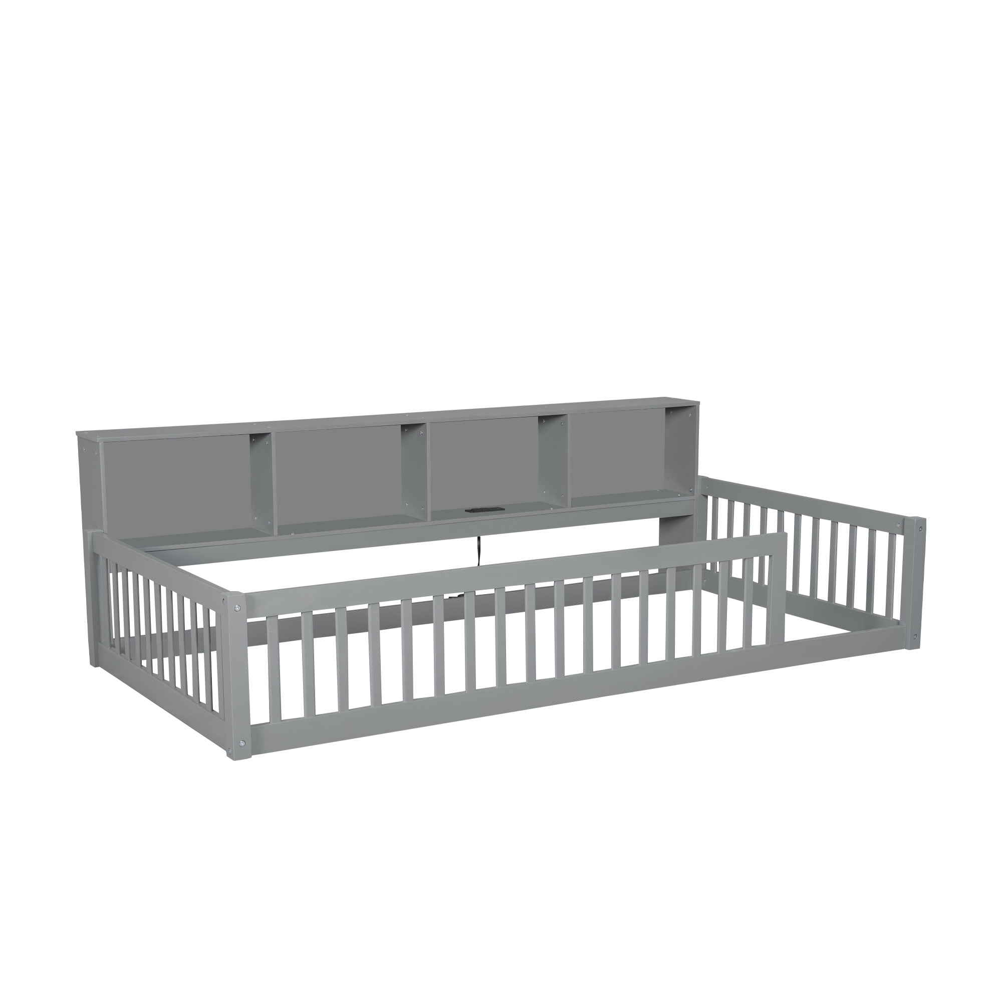 Euroco Wood Twin XL Floor Bed, Low Profile Daybed with Storage Shelves and USB Charging Station, Gray