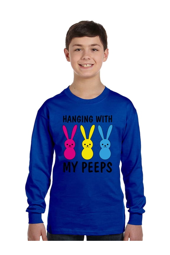 Hanging With My Peeps Long Sleeve Shirts for Kids - Youth XS S M L XL - Happy Easter Holiday Christian Tee for Boys for Girls
