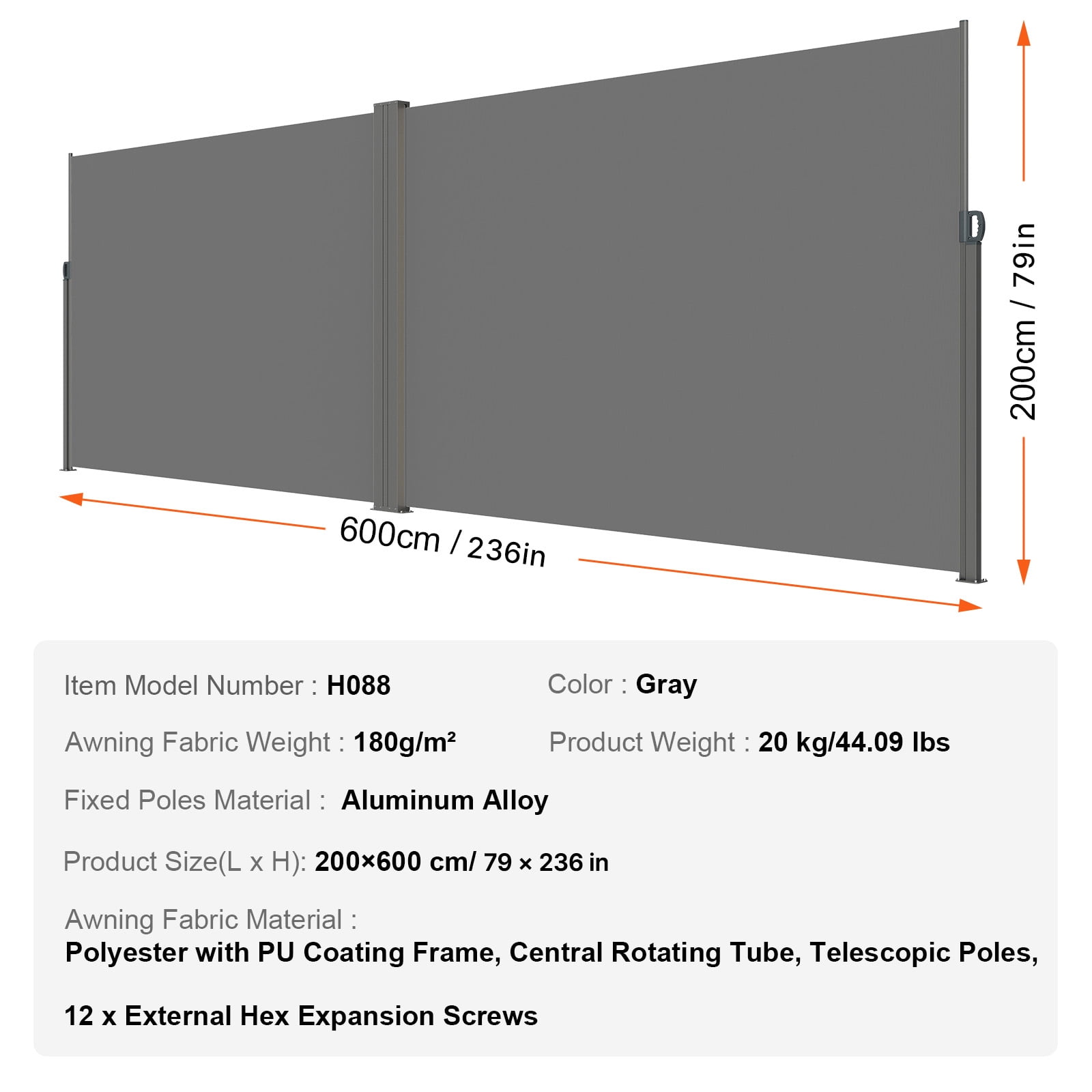 KFFKFF Retractable Side Awning 79''x 236'' Patio Screen Fence Divider Fencing