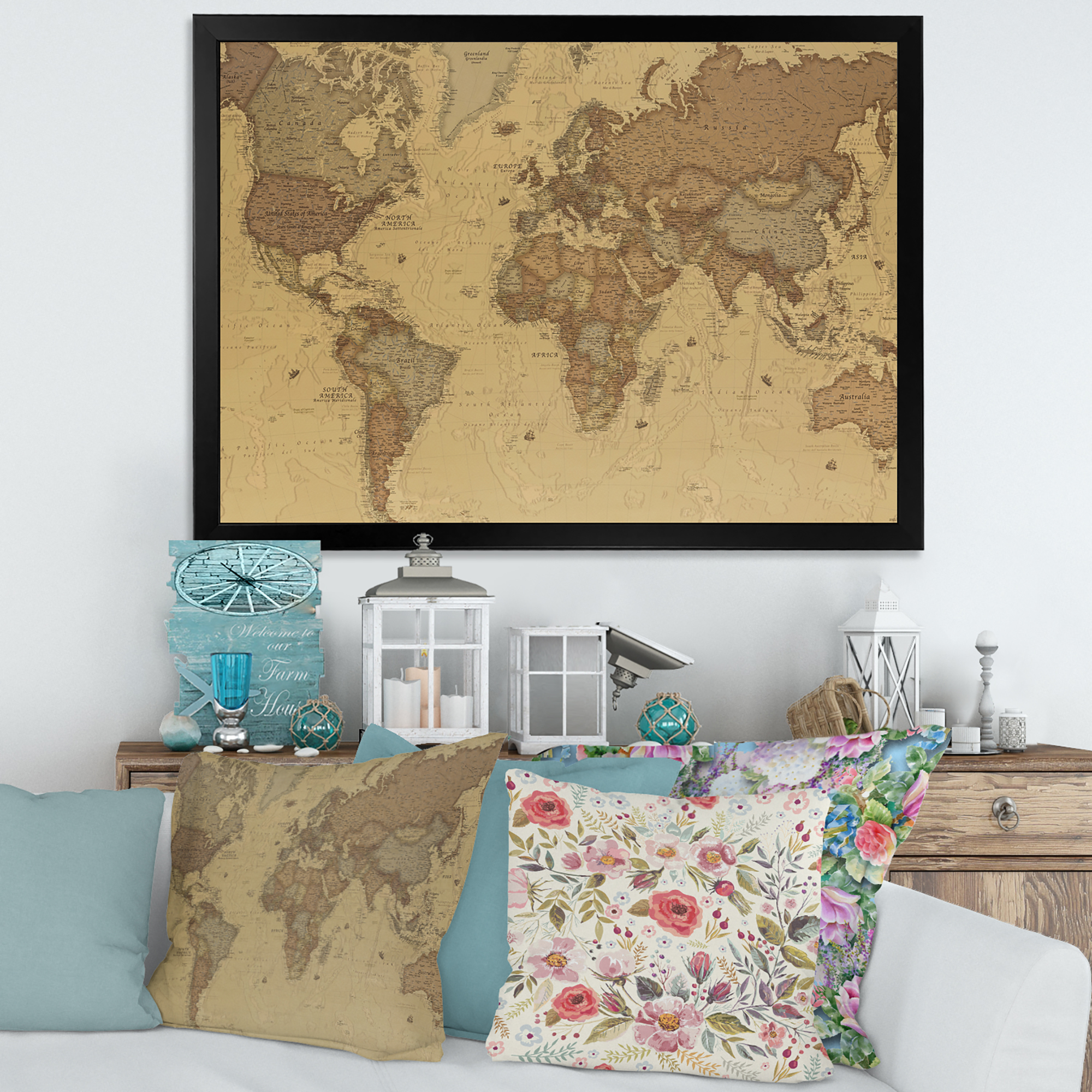 Designart 'Ancient World Map III' Vintage Framed Art Print