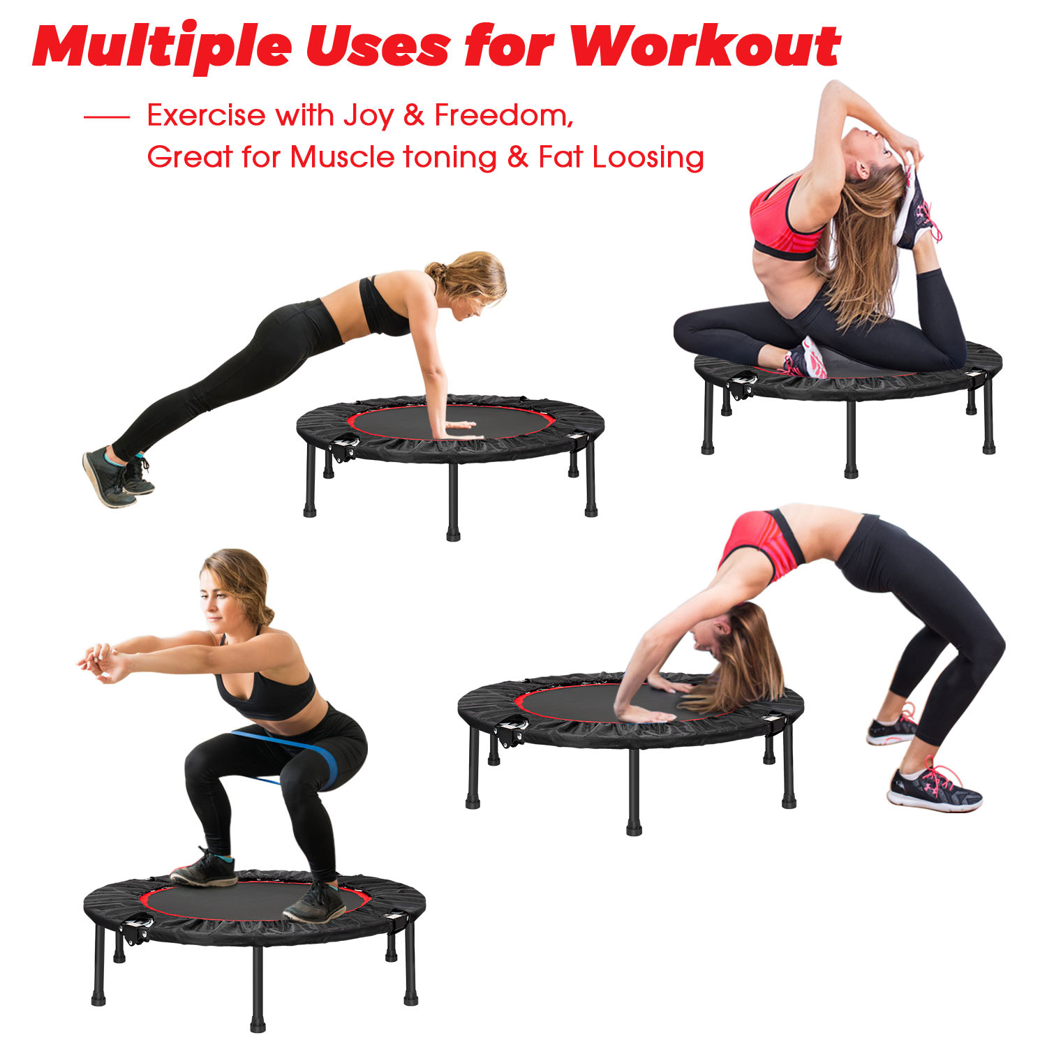 40" Foldable Mini Exercise Trampoline, Indoor Fitness Rebounder Trampoline with Safety Pad, Stable & Quiet Exercise Rebounder for Kids Adults, Max 300lbs
