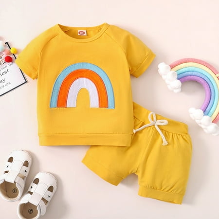 

Baby Kids Girl s Outfits Rainbow Print Short Sleeve O Neck Casual Tops+Solid Color Shorts 2PCS Summer Set