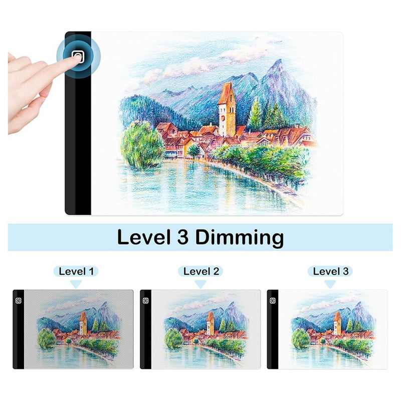 4X A4 LED Light Board, 3 Level Dimmable Brightness USB Power Crafts Light Table for Tracing, Light Drawing Sketch Pad