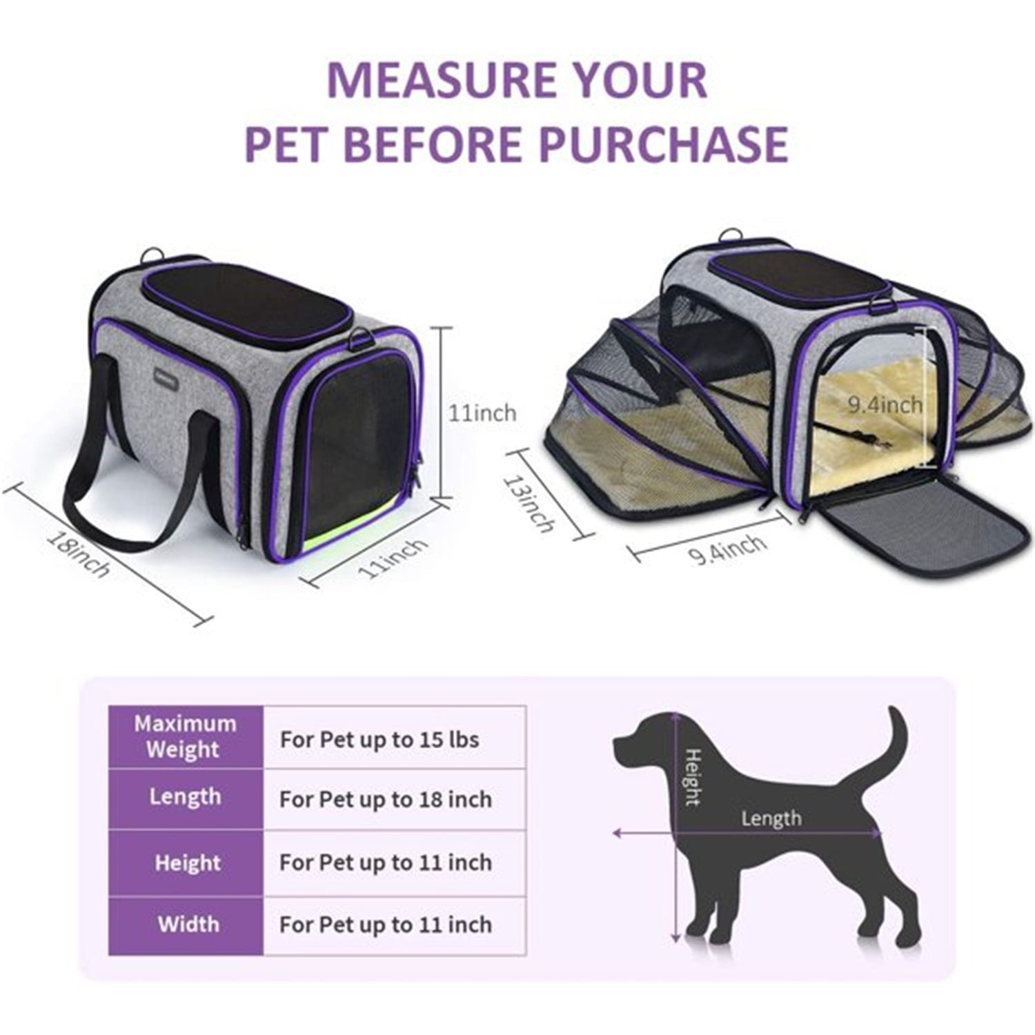 Pefilos 17" Cat Carrier Expandable Soft Sided Medium Cats Dogs Pet Travel Carrier TSA Airline Approved, Purple Pefilos 17" Cat Carrier Expandable Soft Sided Medium Cats Dogs Pet Travel Carrier TSA Airline Approved, Purple