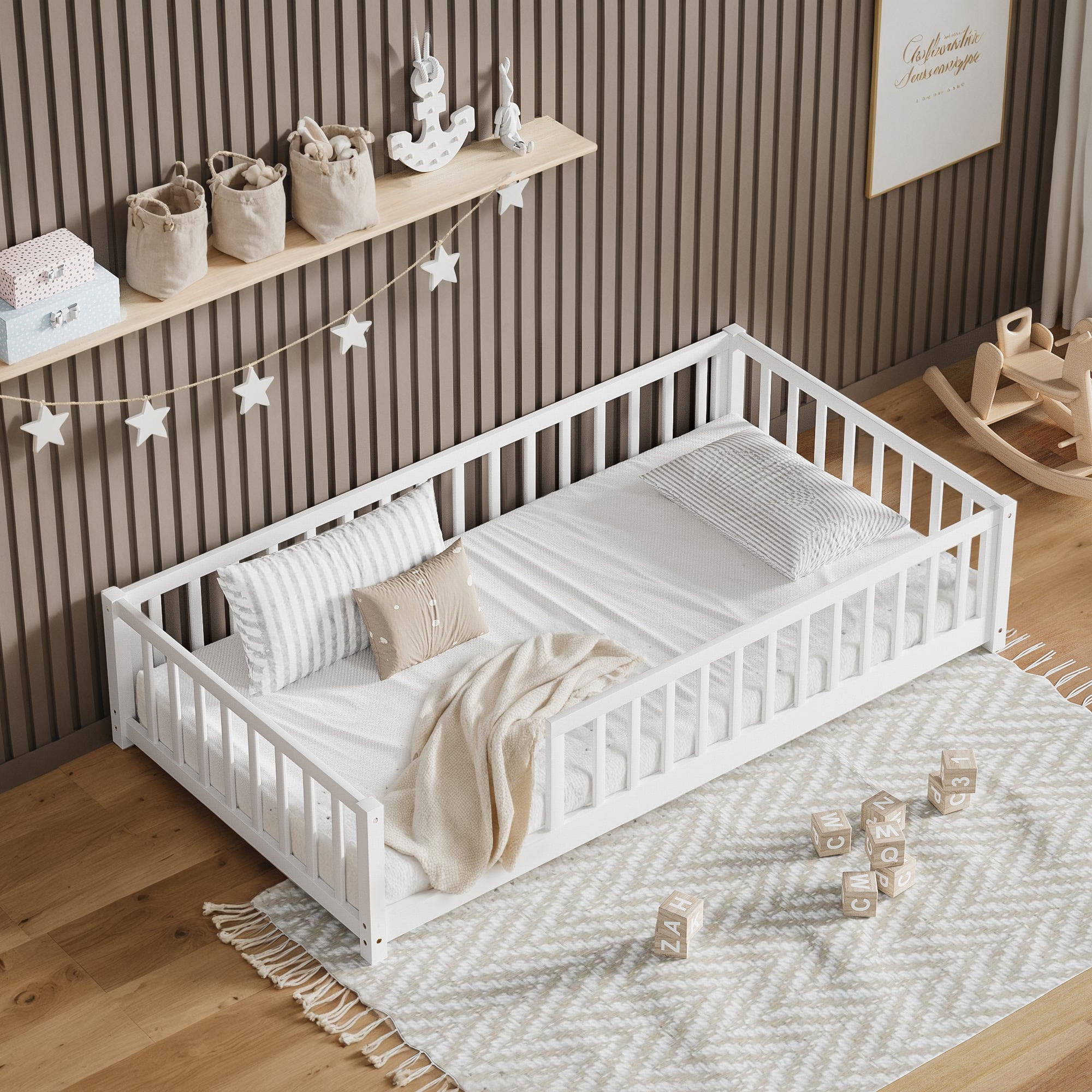 Twin Size Floor Bed, Wood Twin Montessori Bed Frame with Fence Guardrails and & Support Slats, Twin Playhouse Bed without Door, White