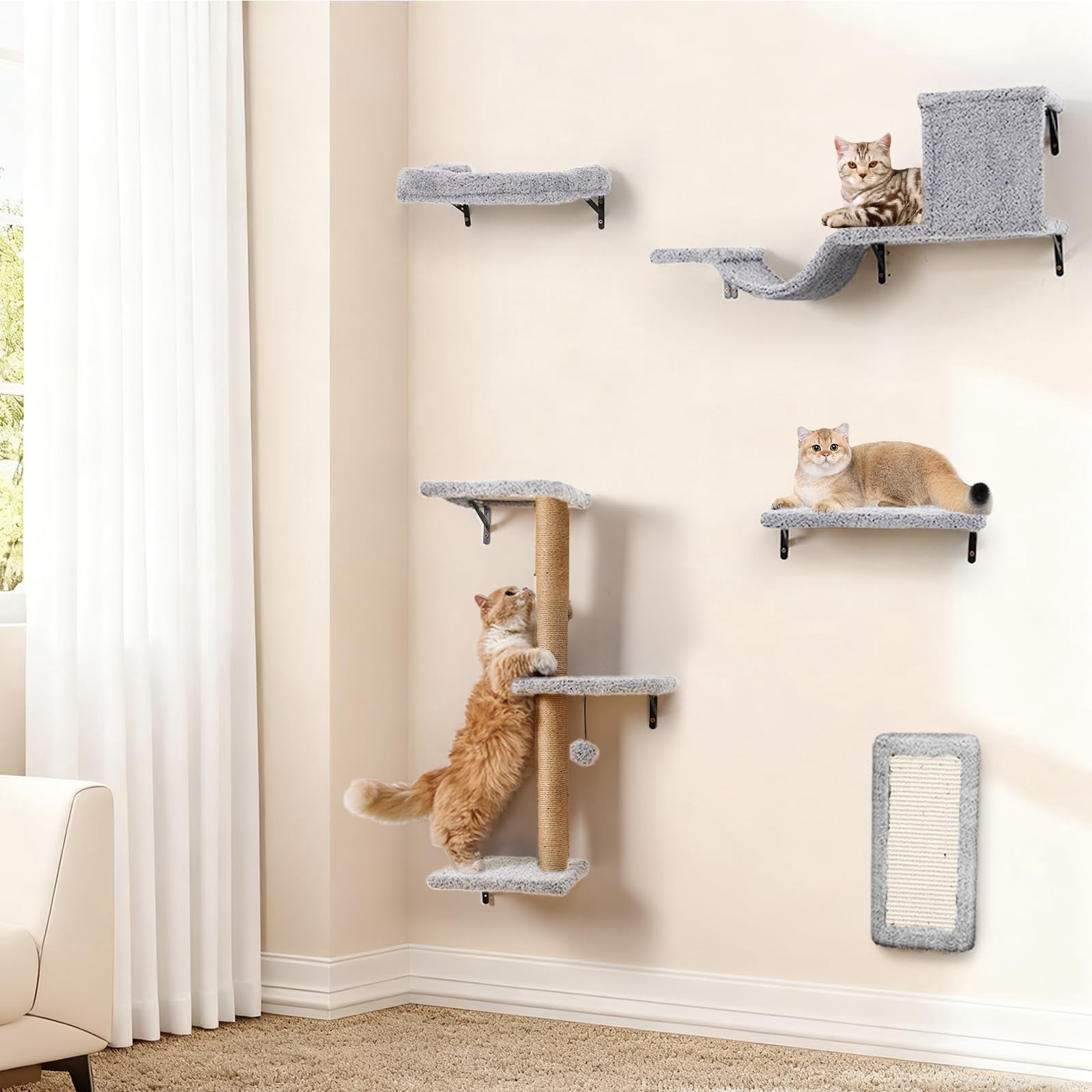 5-in-1 Cat Wall Shelves  Multi-level Climbing Furniture Perch & Lounge For Indoor Cats Space-saving Mounted Play Rest (natural Wood) - Light Gray