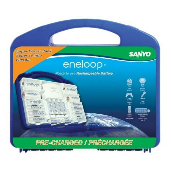 eneloop Super Power Pack, 1800 cycle, 12 AA, 4 AAA, 2 "C" and 2 "D" Spacers, 4 Position Charger, and Storage Case
