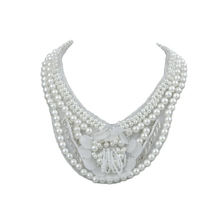 June Birthstone Flower - Bridal Collection White Faux Pearl Fashion Bib Necklace w Mini Flower Accents