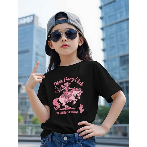 Pink Pony Club Cotton short-sleeved T-shirt American fashion cute printed girls' bottoming shirt summer round neck casual versatile little girl top