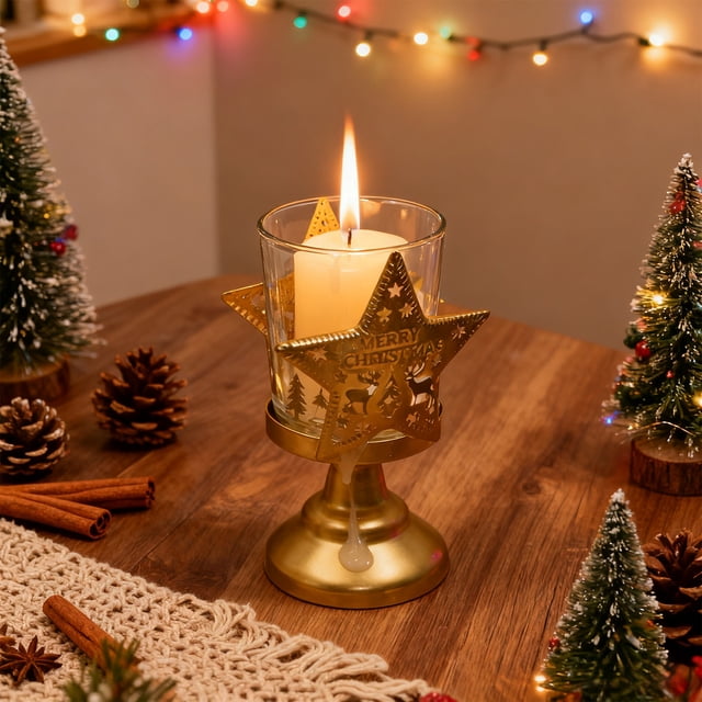 Candelabros Navideños Vintage de Estilo Romántico para Decoración Del Hogar | Adornos de Hierro Forjado | Estrella Dorada de Cristal para Mesa | 7×12 Cm | Centro de Mesa Navideño Ideal