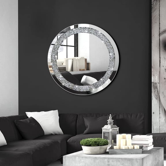 Sparkly Crystal Wall Mirror 20 x 20 Inch Round Silver Frameless Glam Accent Stylish Home Decor for Vanity Bedroom Entryway