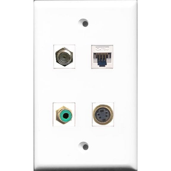 RiteAV 1 Port RCA Green and 1 Port Coax Cable TV- F-Type and 1 Port S-Video and 1 Port Cat5e Ethernet White Wall Plate