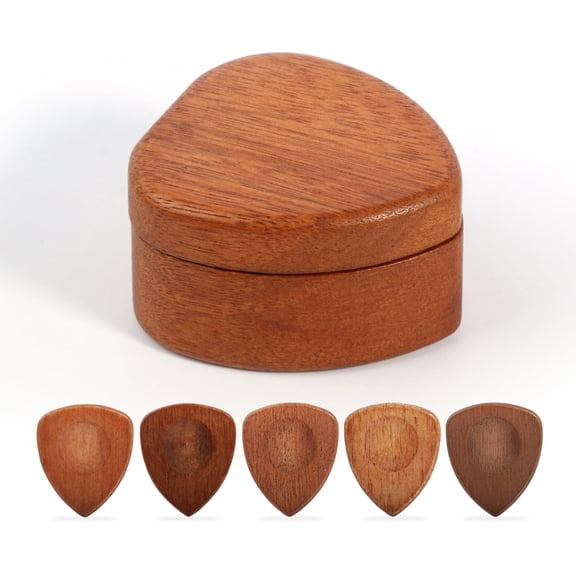 Wooden Guitar Pick Storage Box with 5 Assorted Picks, Natural Wood Guitar Pick Holder, Portable Guitar Plectrum Case for Acoustic and Electric Guitar, Ideal Gift for Guitar Lovers