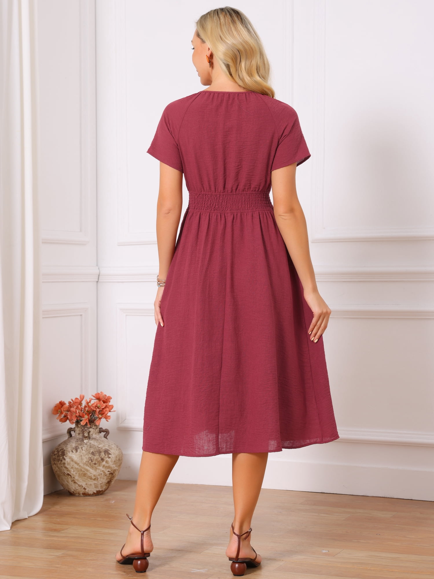 DARING DIVA Women's Smocked Tie V Neck Short Sleeve Flowy Midi Dress L Wine Red
