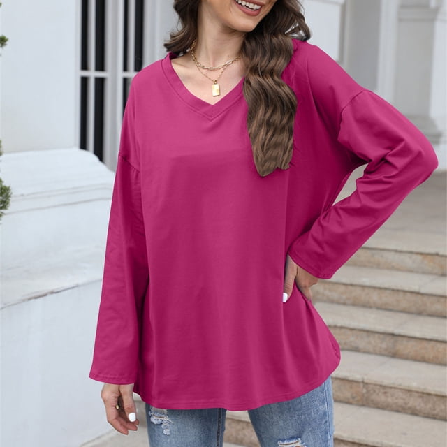 Ailaofu Womens Plus Size Long Sleeve Shirts V Neck Basic Tee Tops Loose Fit Fall Outfits for Women