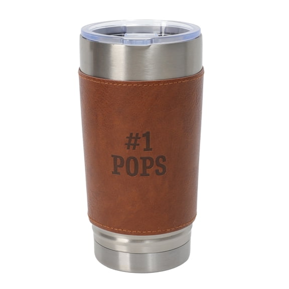 #1 Pops Stainless Steel Tumbler with Faux Leather Sleeve, Brown, 20 oz, Father's Day by Way To Celebrate