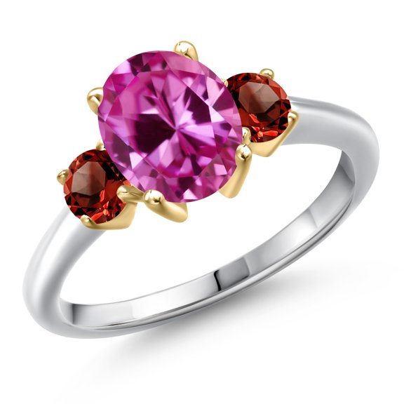 Gem Stone King 10K Two Tone Gold Pink Created Sapphire and Red Garnet Engagement Ring for Women | 1.74 Cttw | Oval 9X7MM | Gemstone September Birthstone | Size 6