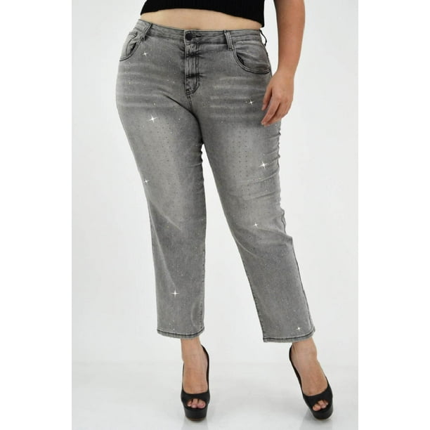 Mom jeans con brillo /Tallas Extras, 241 (Gris con brillos) gris 40
