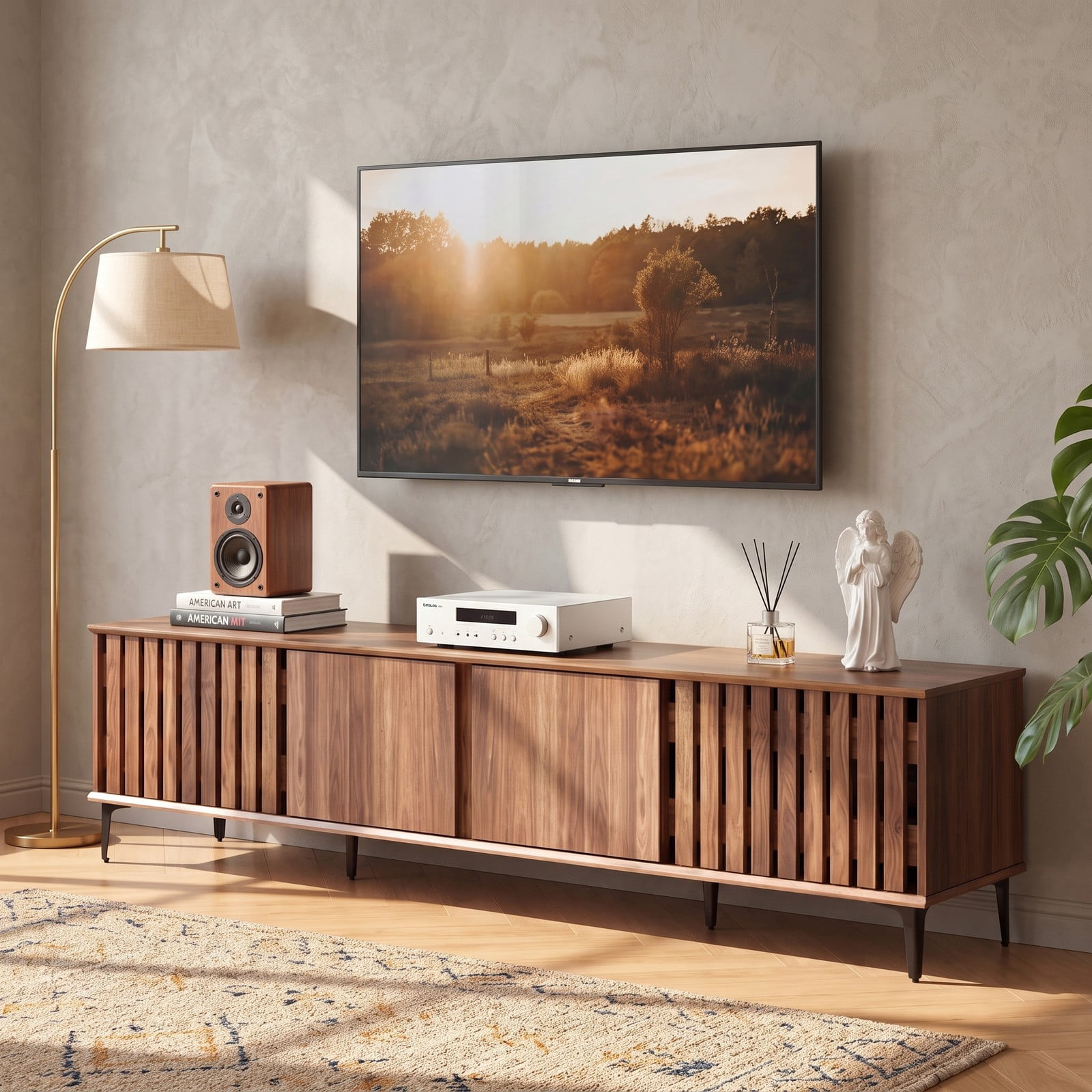 Furnibear Mid Century Modern Entertainment Center, 71 Inch TV Stand for TVs up to 80 Inch, Media Console with 4 Storage Cabinets and Slatted Doors, Wood TV, Walnut